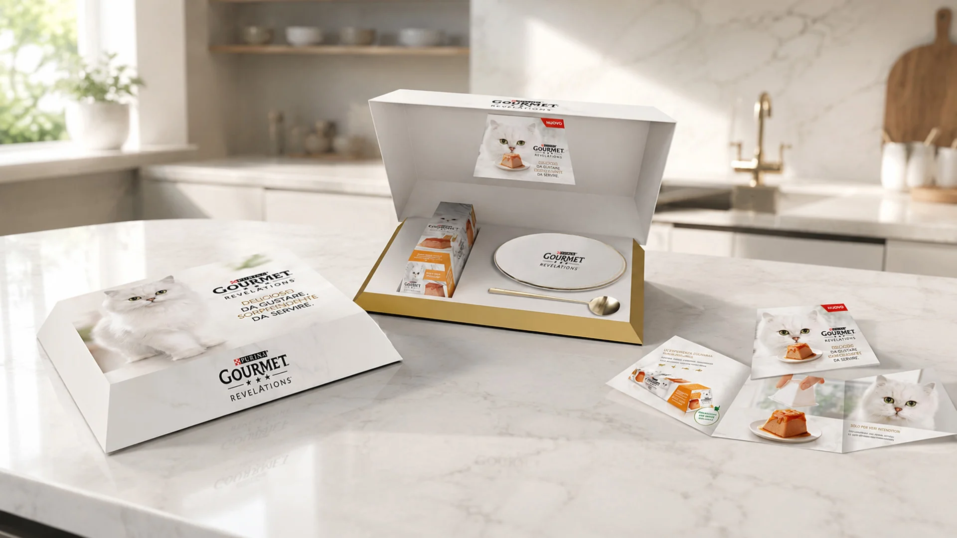 La speciale cuvette promozionale con trial di prodotto e piattino brandizzato realizzata per la gamma Gourmet Revelations mousse da ATC