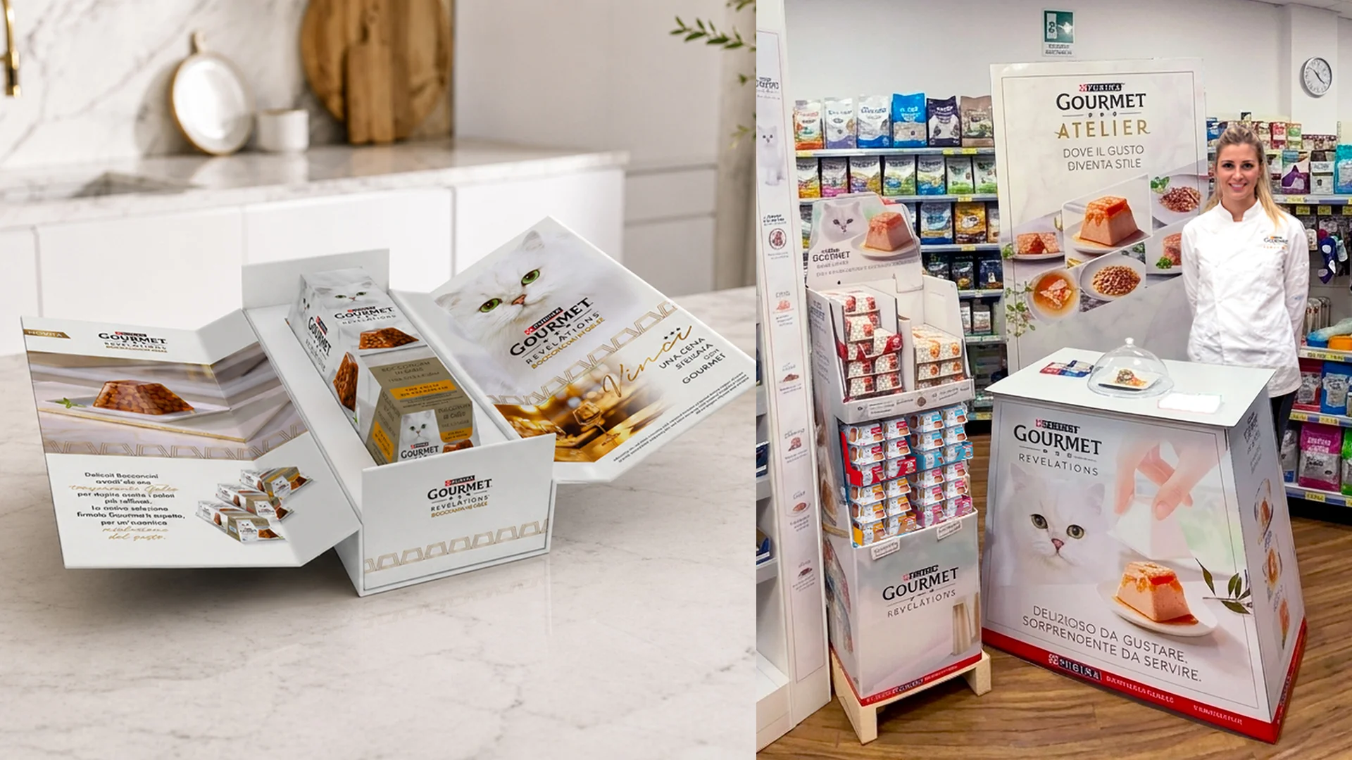 La gift box promozionale con concorso per Gourmet Revelations Bocconcini in gelée e i materiali in-store per il trial, realizzati da ATC