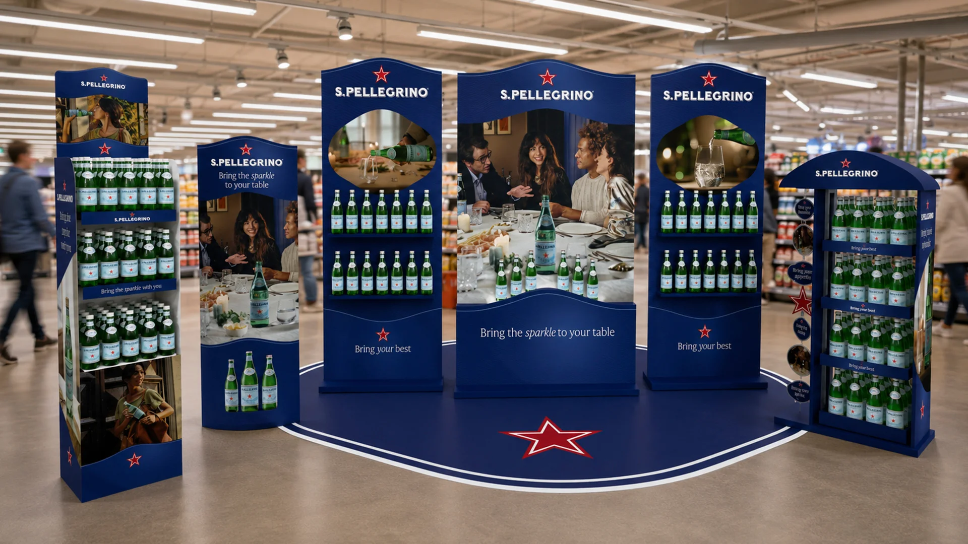 Le soluzioni compositive modulari di materiali in-store S.Pellegrino studiate da ATC per adattarsi ai diversi mercati