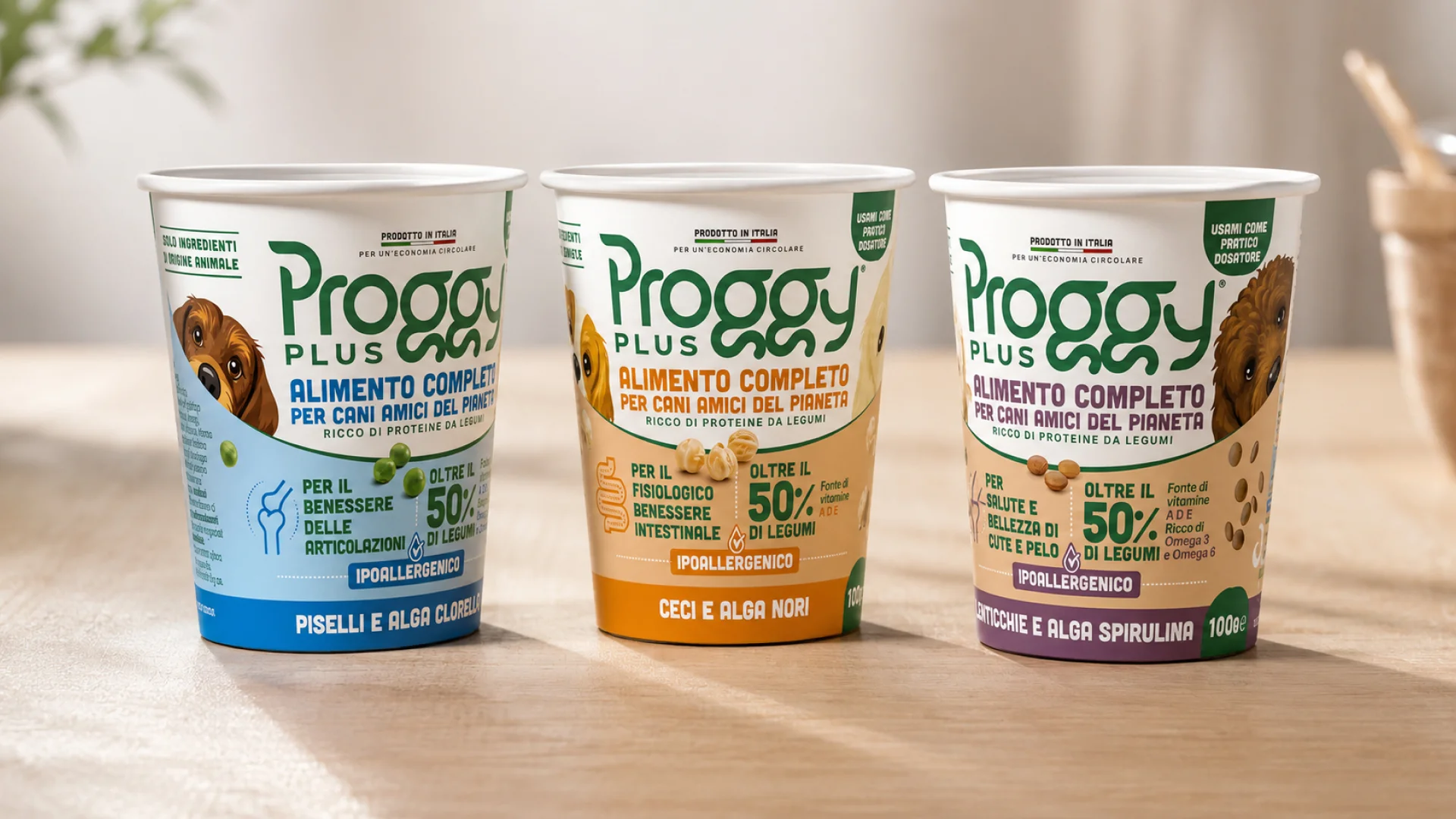 Le sample cups della gamma di pet food Proggy Plus di Andriani, con il design realizzato da ATC - All Things Communicate
