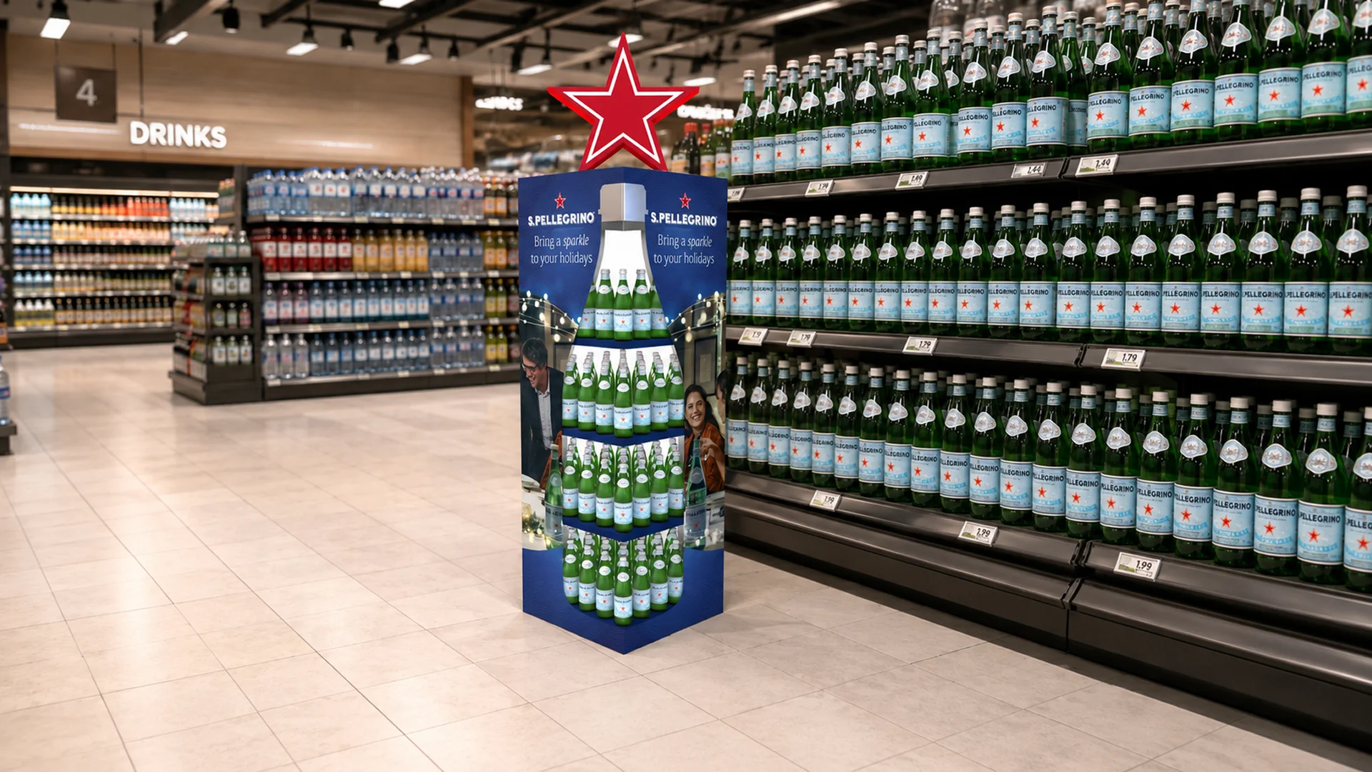 L'espositore speciale per le festività realizzato da ATC per il toolkit di materiali in-store S.Pellegrino Bring Your Best