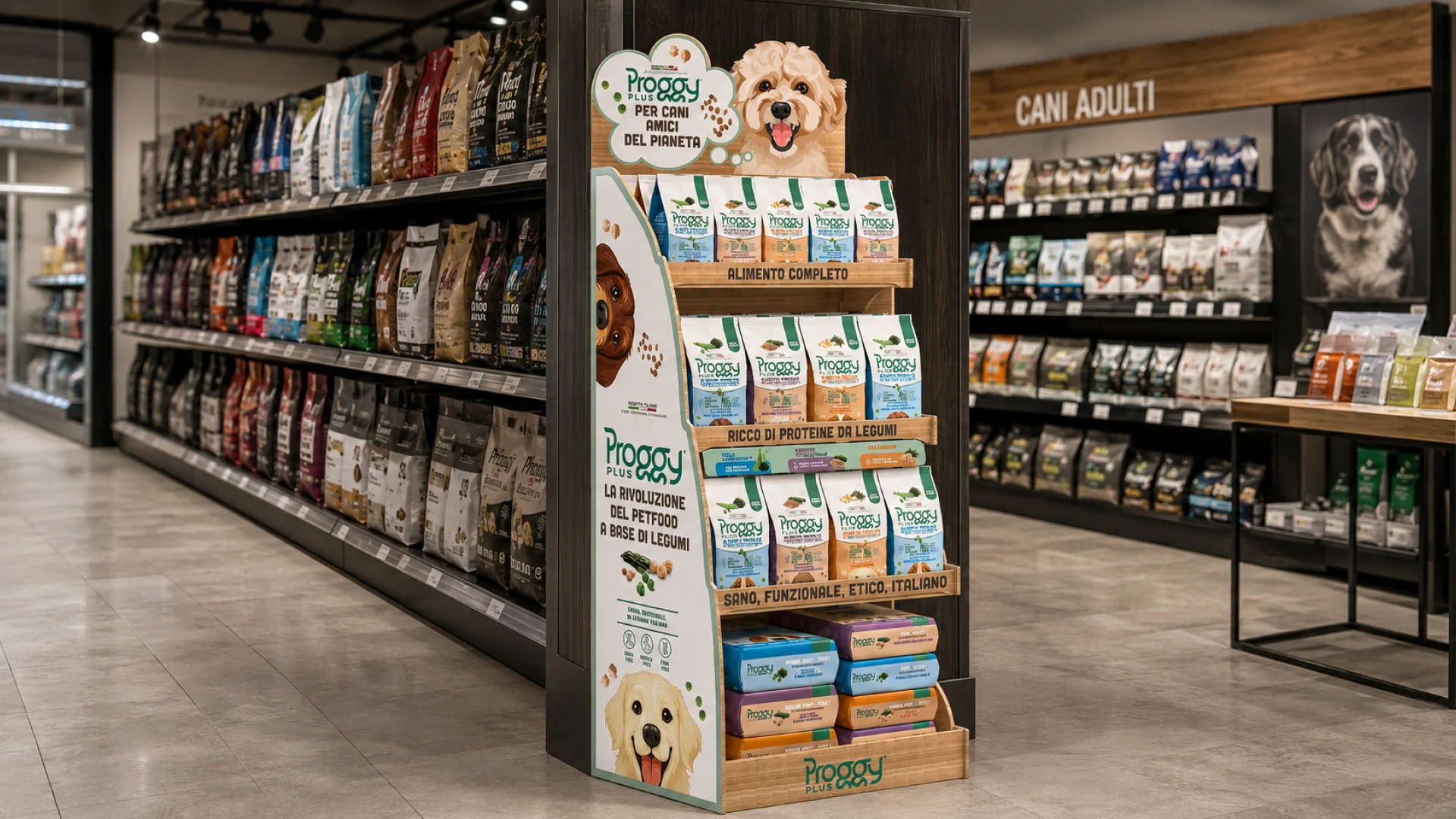 L'espositore retail durevole realizzato da ATC - All Things Communicate per la gamma di petfood specializzato Proggy Plus di Andriani