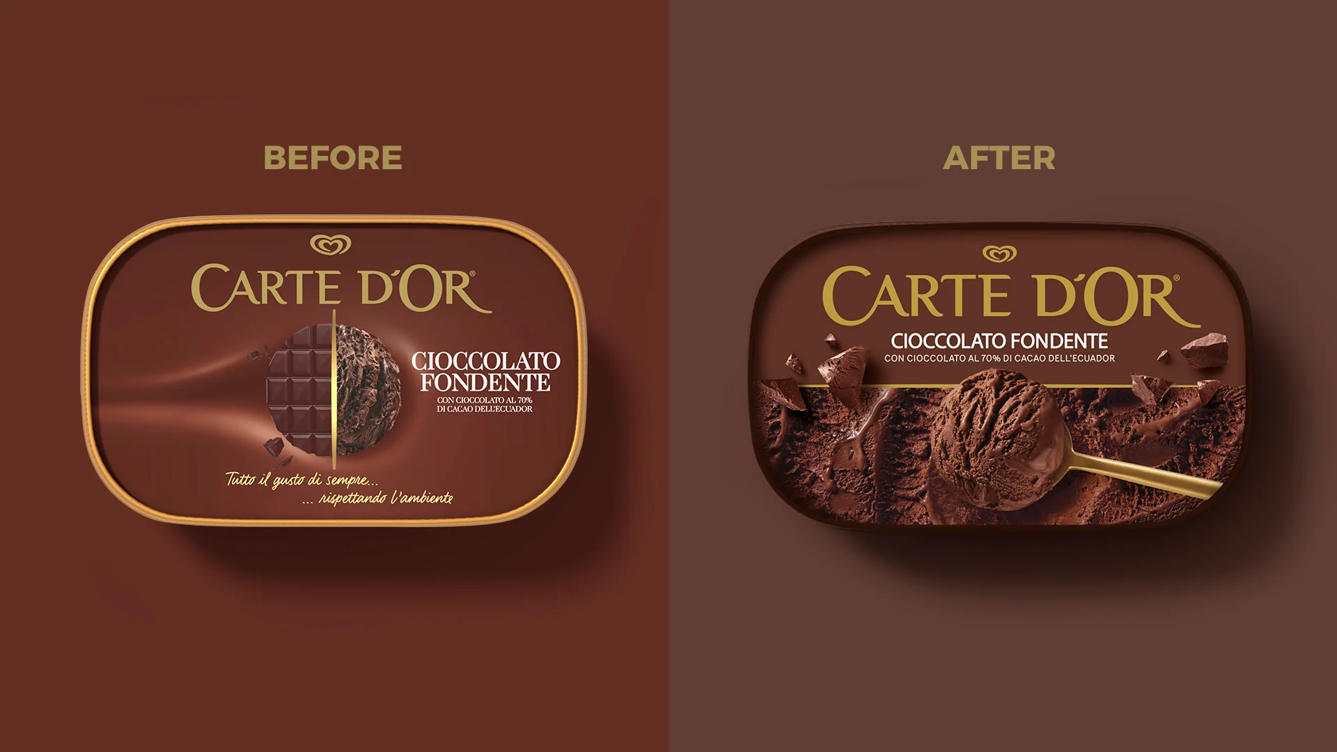 Before-after che mostra il redesign del packaging per la linea Carte D'Or Classici realizzato da Reverse Innovation con ATC